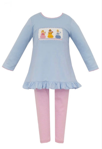 Anavini Girls Blue Knit Smocked Princesses Tunic with Pink Leggings