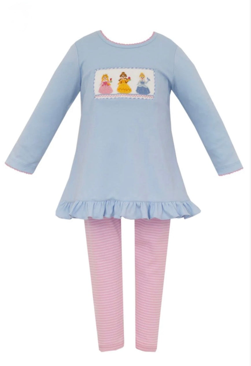Anavini Girls Blue Knit Smocked Princesses Tunic with Pink Leggings
