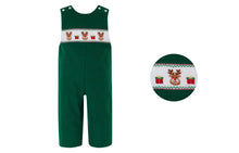 Load image into Gallery viewer, Green Corduroy Boy’s Long Jon Jon-Hand Smocked Reindeer Face