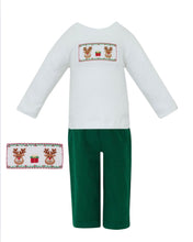 Load image into Gallery viewer, Hand Smocked Reindeer Face Long Sleeve White Knit Shirt with Green Corduroy Pants Set