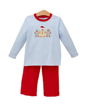 Load image into Gallery viewer, Boys Light Blue Striped Long Sleeve Shirt &amp; Red Pants Set-Gingerbread Appliqué