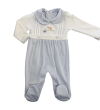 Load image into Gallery viewer, Blue Welcome Baby Hand Embroidered Stork Footie