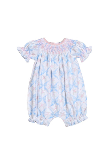 Girls Blue Bows Pima Hand Smocked Sun Bubble