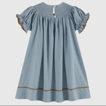 Load image into Gallery viewer, Light Blue Puppy Smocked Bishop Dress