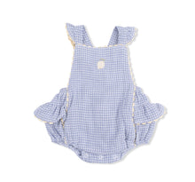 Load image into Gallery viewer, Angel Dear Micro Gingham Blue Blizzard Lemon Appliqué Ric Rac Ruffle Sunsuit Bubble