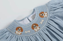 Load image into Gallery viewer, Light Blue Puppy Smocked Bishop Dress