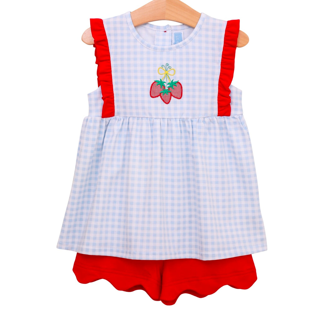 Blue Gingham & Red Ruffles Short Sleeve Strawberry Top & Red Scalloped Short Set
