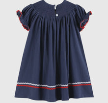 Load image into Gallery viewer, Navy Blue Smocked Santa Bishop