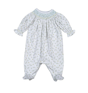 MIA BLUE FLORAL HAND SMOCKED BISHOP FOOTIE