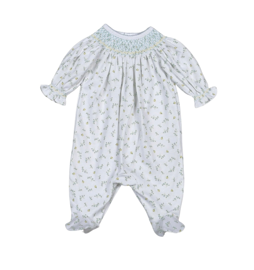 MIA BLUE FLORAL HAND SMOCKED BISHOP FOOTIE