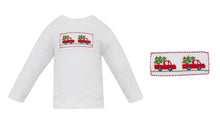 Load image into Gallery viewer, Christmas Tree with Truck Hand Smocked Long Sleeve White Knit Shirt with Lined Red Gingham Pants Set