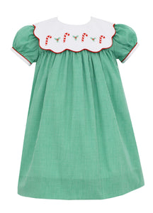 Girls Green Gingham Dress-Embroidered Candy Canes On Scallop Collar