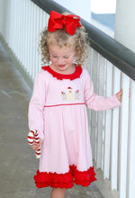 Load image into Gallery viewer, Girls Pink Striped Dress with Red Ruffles-Gingerbread Appliqué