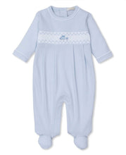 Load image into Gallery viewer, Light Blue Hand Smocked Train Pima Cotton Footie