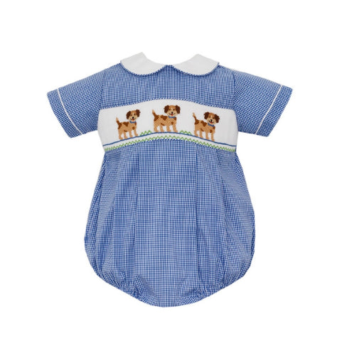Boys Hand Smocked Puppies Bubble-Royal Blue Gingham