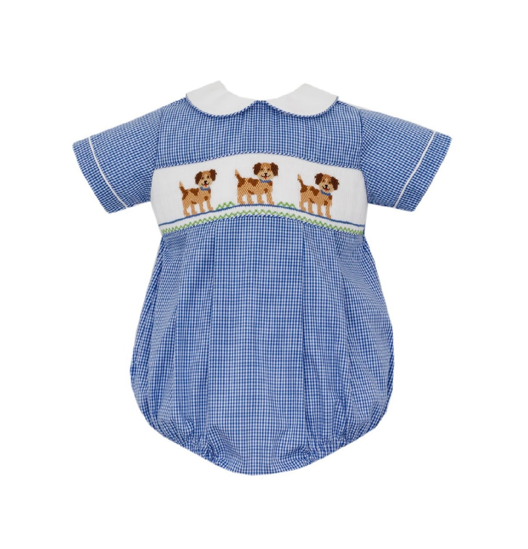 Boys Hand Smocked Puppies Bubble-Royal Blue Gingham