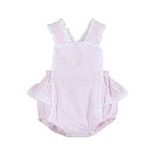 Load image into Gallery viewer, Pink Seersucker Easter Bunny Ruffle Romper