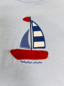 Light Sky Blue Top with Sails Appliqué & Knit with Red Shorts Set
