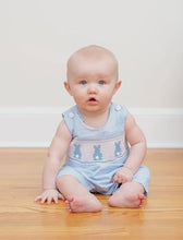 Load image into Gallery viewer, Blue Gingham Smocked Bunny Shortall