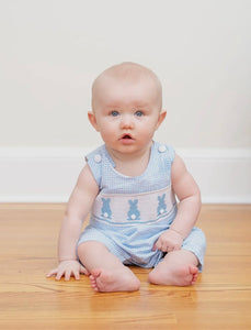 Blue Gingham Smocked Bunny Shortall