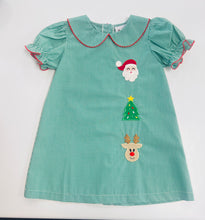 Load image into Gallery viewer, Girls Green Gingham Peter Pan Collat Appliqué Christmas Dress