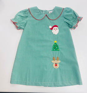 Girls Green Gingham Peter Pan Collat Appliqué Christmas Dress