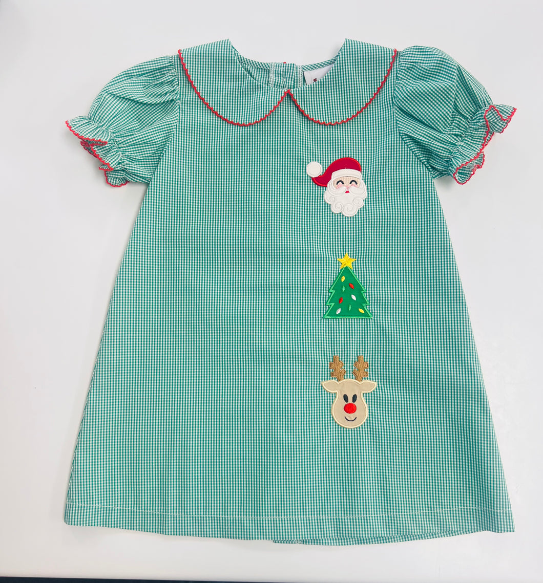 Girls Green Gingham Peter Pan Collat Appliqué Christmas Dress