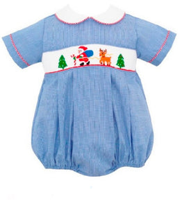 Boys Hand Smocked Blue Santa & Reindeer Bubble