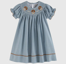 Load image into Gallery viewer, Light Blue Puppy Smocked Bishop Dress