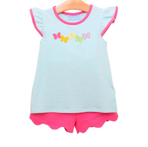 Blue & Pink Butterfly with Scalloped Shorts Set
