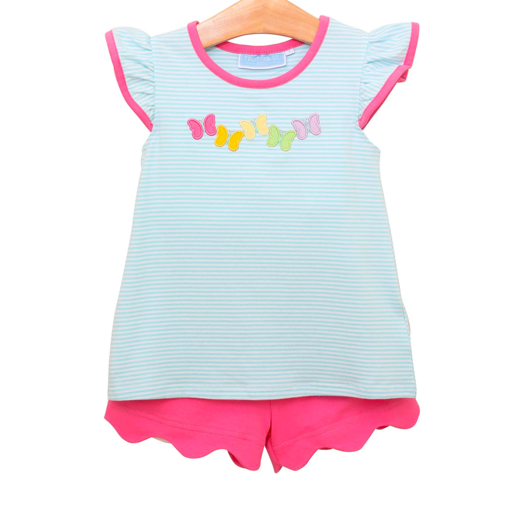 Blue & Pink Butterfly with Scalloped Shorts Set