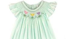 Load image into Gallery viewer, Mint Green Bishop Dress with Smocked Tulips &amp; Angel Sleeves