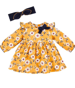 Girls Flannel Yellow Flower Dress With Headband Set