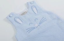 Load image into Gallery viewer, Blue SeerSucker Bunny Face Shortall