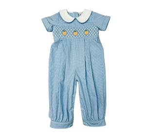 Boys Blue Gingham SS Smocked Front Long Romper
