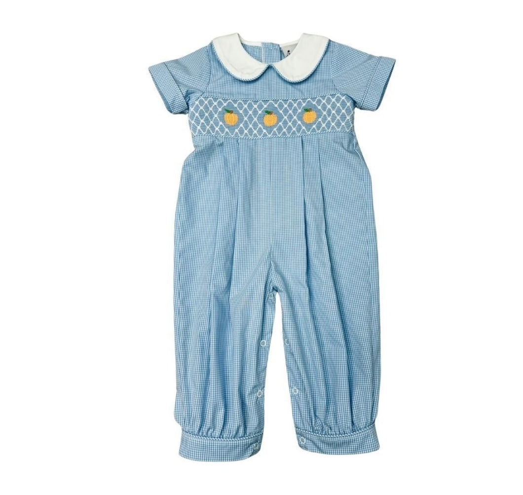 Boys Blue Gingham SS Smocked Front Long Romper