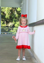 Load image into Gallery viewer, Girls Pink Striped Dress with Red Ruffles-Gingerbread Appliqué