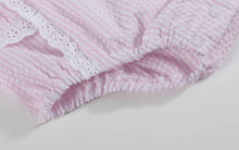 Load image into Gallery viewer, Pink Seersucker Easter Bunny Ruffle Romper