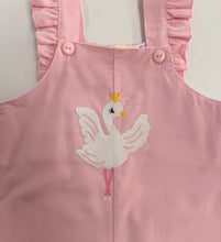 Load image into Gallery viewer, Girls Ruffle Light Pink Corduroy Romper-Ballerina Swan with Crown Appliqué