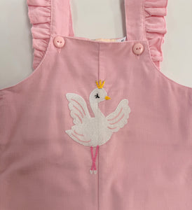 Girls Ruffle Light Pink Corduroy Romper-Ballerina Swan with Crown Appliqué