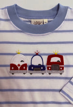 Load image into Gallery viewer, Long Sleeve Striped Sky Blue Shirt-Emergency Vehicles Appliqué
