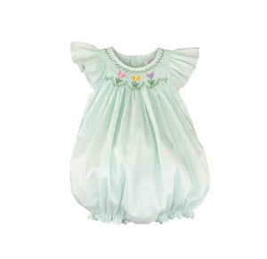 Mint Green Bishop Bubble With Smocked Tulips & Angel Sleeve