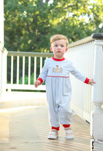 Load image into Gallery viewer, Blue Striped with Red Romper-Gingerbread Appliqué