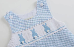 Blue Gingham Smocked Bunny Shortall