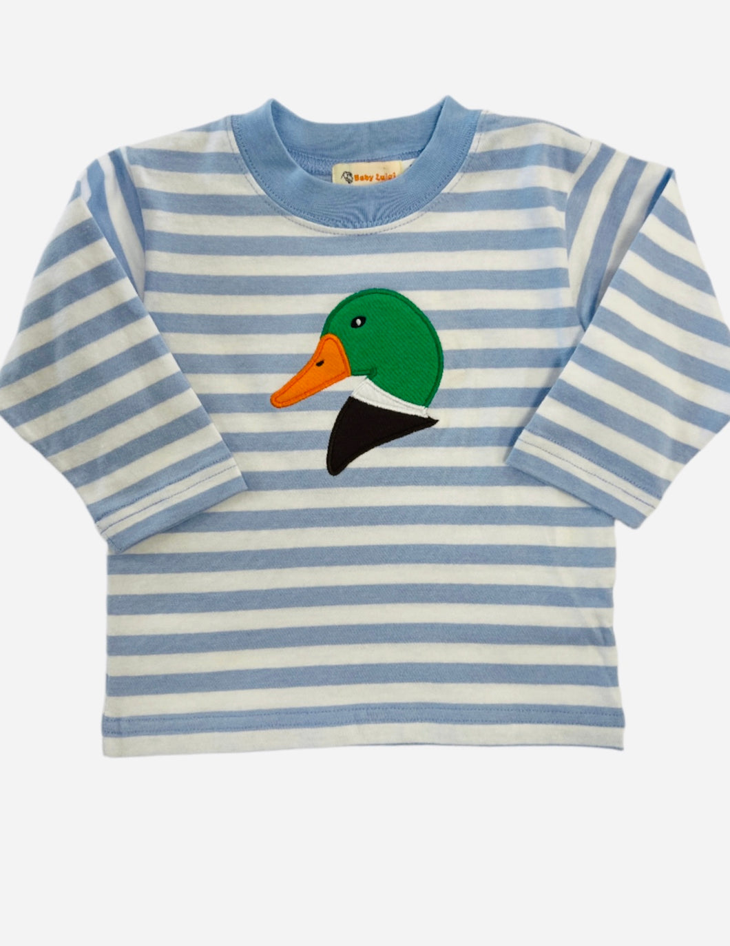 Blue and White Striped Shirt with Mallard Duck