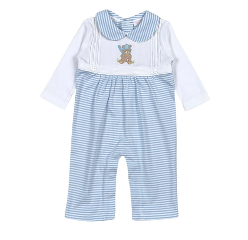 Blue Baseball Bear Hand Embroidered Romper