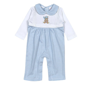 Blue Baseball Bear Hand Embroidered Romper