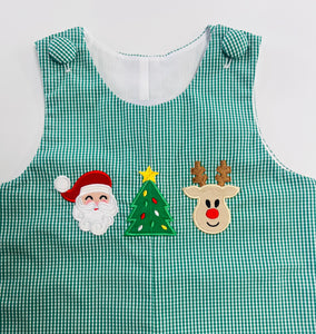 Boys Green Gingham Appliqué Christmas Long Jon Jon