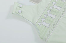 Load image into Gallery viewer, Honey Dew Green Bunny Smocked Shortall