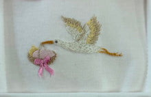 Load image into Gallery viewer, Pink Welcome Baby Hand Embroidered Stork Footie